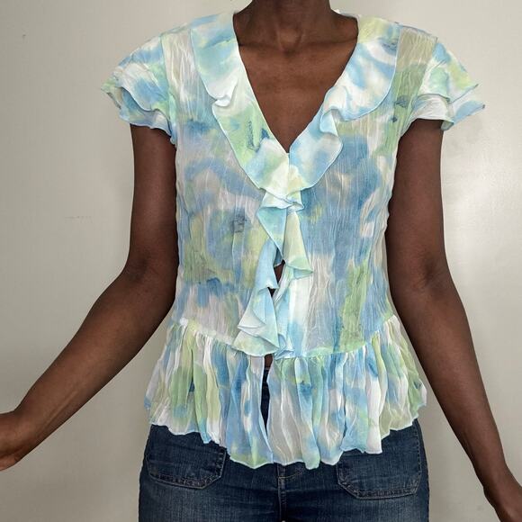 VINTAGE | Y2K Pastel Plisse Pleated Ruffle Cap Sleeve Blouse Top Size Medium - Picture 1 of 6